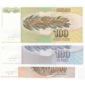 Yugoslavİa, 100 Dinara (2), ve 10.000 Dinara, 1991/1992, UNC, p108/p112/p118, (Tota 3 banknotes)
