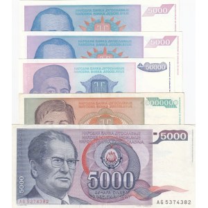 Yugoslavia, 5000 Dinara (3), 50.000 Dinara and 5.000.000 Dinara, 1985 / 1994, XF / UNC, (Total 5 banknotes)