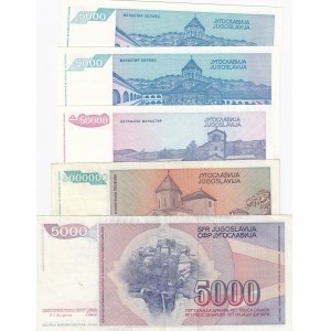 Yugoslavia, 5000 Dinara (3), 50.000 Dinara and 5.000.000 Dinara, 1985 / 1994, XF / UNC, (Total 5 banknotes)