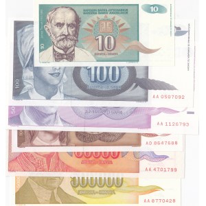 Yugoslavia, 10 Dinara, 100 Dinara, 500 Dinara, 10.000  Dinara, 50.000 Dinara and 500.000 Dinara, 1992/1994, UNC, (Total 6 banknotes)