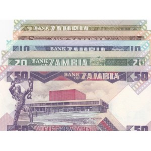 Zambia, 2 Kwacha, 5 Kwacha, 10 Kwacha, 20 Kwacha and 50 Kwacha, 1980/1986, UNC, p24…p28, (Total 5 banknotes)