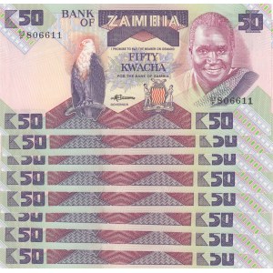 Zambia, 50 Kwacha, 1986, UNC p28a, (Total 8 Banknotes)