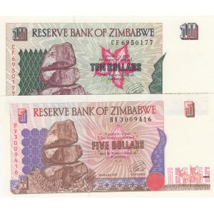 Zimbabve, 5 Dollars and 10 Dollars, 1997, UNC, p5b/ p6a, (Total 2 Banknotes)