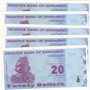 Zimbabwe, 20 Dollars, 2009, UNC, p95, ( Total 5 Consecutive Banknotes)