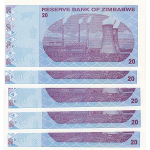 Zimbabwe, 20 Dollars, 2009, UNC, p95, ( Total 5 Consecutive Banknotes)