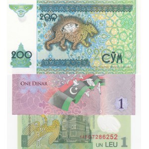 Romania 1 Leu, Libya 1 Dinar and Uzbekistan 200 Sum, UNC, (Total 3 banknotes)