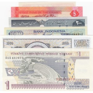 Mix Lot, Gambia 5 Dalasis, Yugoslavia 1000 Dinara, Indonesia 1000 Rupiah, Iran 200 Rials, 1 New Turkish Lira and China 10 Yuan (Total 6 banknotes)