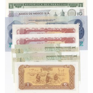 Mix Lot,  Philippines 2 Piso, Cambodia 1 Riel (3), Mexico 10 Pesos, China 1 Yuan (2) and Paraguay 1 Guarani, UNC, (Total 8 banknotes)