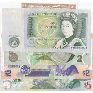 Mix Queen Elizabeth II lot, Fiji 2 Dollars, Great Britain 1 Pound, East Caribbean States 5 Dollars, Hong Kong 1 Cent and Belize 2 Dollars, UNC, (Total 5 banknotes)