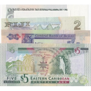 Mix Queen Elizabeth II lot, Fiji 2 Dollars, Great Britain 1 Pound, East Caribbean States 5 Dollars, Hong Kong 1 Cent and Belize 2 Dollars, UNC, (Total 5 banknotes)