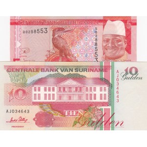 Suriname 10 Gulden and Gambia 5 Dalasis, UNC, (Total 2 banknotes)