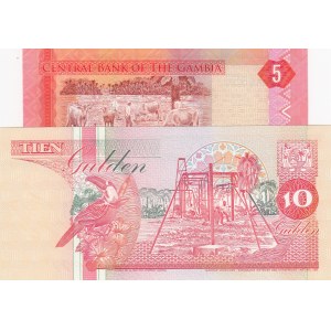 Suriname 10 Gulden and Gambia 5 Dalasis, UNC, (Total 2 banknotes)