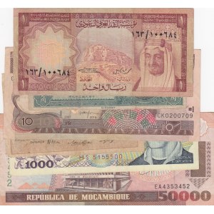 Mix Lot, Saudi Arabia 1 Riyal, China 10 Cent, Mozambique 50.000 Meticais, Ethopia 10 Birr, Russia 100 Rubles and Poland 1000 Zlotych, FINE / VF, (Total 6 banknotes)