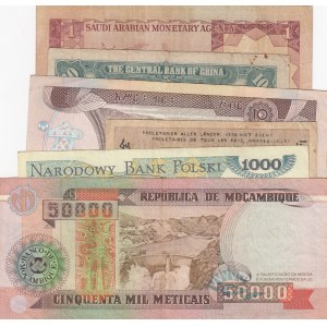 Mix Lot, Saudi Arabia 1 Riyal, China 10 Cent, Mozambique 50.000 Meticais, Ethopia 10 Birr, Russia 100 Rubles and Poland 1000 Zlotych, FINE / VF, (Total 6 banknotes)