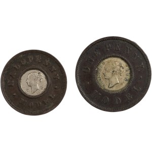Wielka Brytania 1844 Victoria Half Penny Model i One Penny Model (2 sztuki)