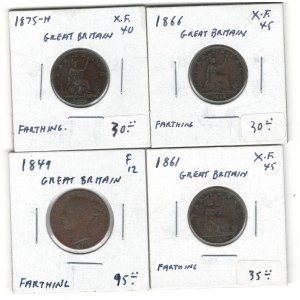 Great Britain 1849, 1861, 1866, 1875H Farthing (4 Pieces)