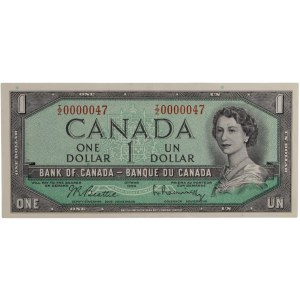 Bank of Canada 1954 $1.00 Banknote Low Serial Number I/Z 0000047 BC-37b-i