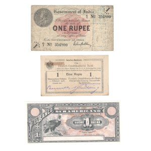 Mixed World German East Africa, British India, Ecuador 1916-20 Lot (3 Pieces) Banknotes