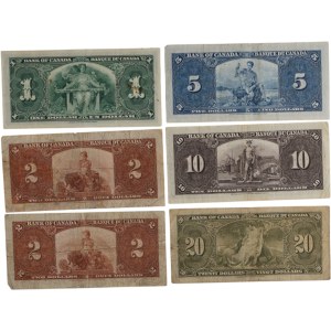 Bank of Canada 1937 $1-$20 Banknote Lot (6 Pieces)