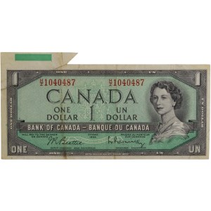 Bank of Canada 1954 $1 Banknote Butterfly Cutting Error H/Z BC-37b-i