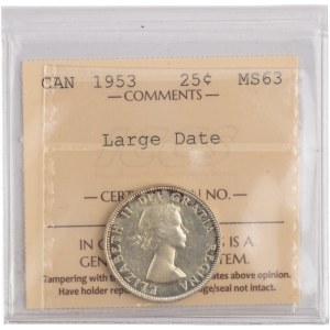 Canada 1953 Silver 25 Cents Large Date