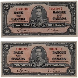 Bank of Canada 1937 $2 Banknote Gordon-Towers R/B BC-22b 2 in Sequence