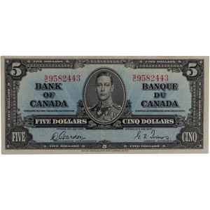 Banque du Canada 1937 Billet de 5 $ Gordon-Towers S/C BC-23b