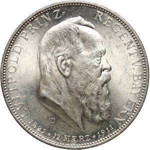 Germany, Bavaria, 5 marks 1911 D, Munich, Luitpold's 90th birthday