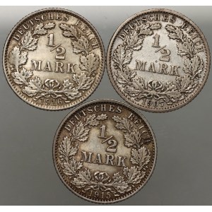 Germany, Empire, set of 1/2 mark coins from 1907-1916, (3 pieces)