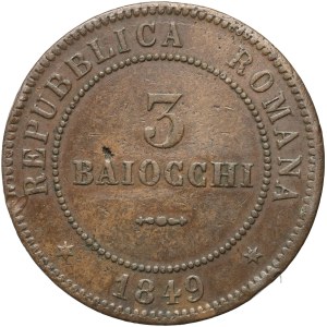 Italy, Second Roman Republic, 3 baiocchi 1849 R, Rome