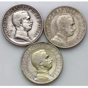 Italy, Victor Emmanuel II, set of 2 lira coins from 1908-1916 R, Rome, (3 pieces)