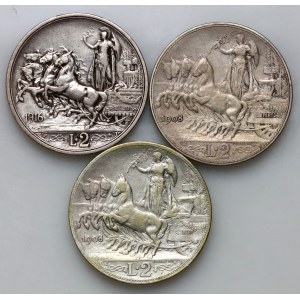 Italy, Victor Emmanuel II, set of 2 lira coins from 1908-1916 R, Rome, (3 pieces)