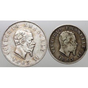 Włochy, Wiktor Emanuel II, zestaw monet 1 i 2 liry z 1863 roku, (2 sztuki)