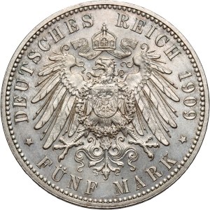 Germany, Saxony, Friedrich August III, 5 Mark 1909, Muldenhütten, Leipzig University