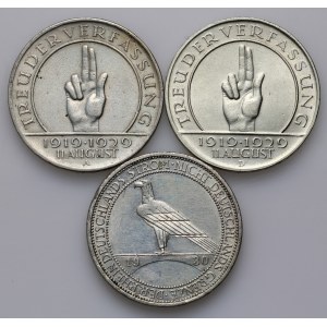 Germany, Weimar Republic, set of 3 Mark coins from 1929-1930, (3 pieces)