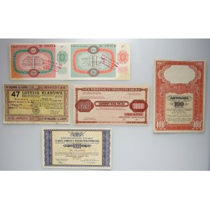 Polska, losy loteryjne, bony, czeki i asygnata, zestaw, (5 sztuk)
