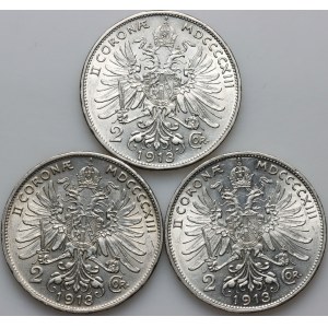 Österreich, Franz Joseph I., Kursmünzensatz 2 Kronen 1913, (3 Stück)