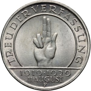 Germany, Weimar Republic, 3 mark 1929 F, Stuttgart, 10th anniversary of the Constitution
