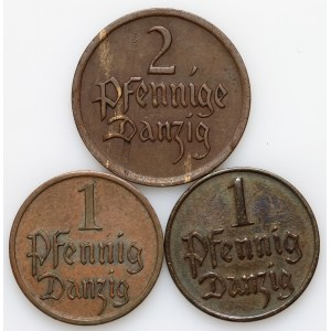 Free City of Danzig, coin set of 1 and 2 pfennigs from 1923, (3 pieces)