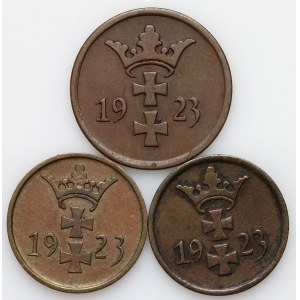 Free City of Danzig, coin set of 1 and 2 pfennigs from 1923, (3 pieces)