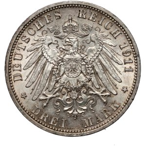 Německo, Prusko, Wilhelm II, 3 marky 1911 A, Berlín