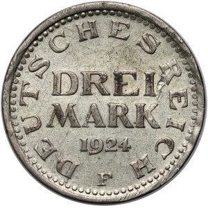 Germany, Weimar Republic, 3 Mark 1924 F, Stuttgart