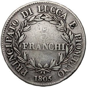 Italy, Lucca, Felix Baciocchi and Elisa Bonaparte, 5 franchi 1805, Florence