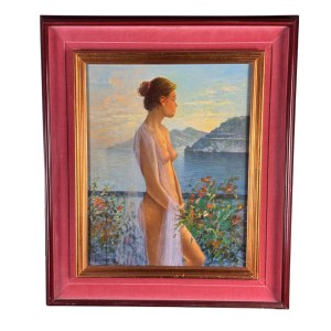 Fortunato Pugliese, Female nude against a seascape - Fortunato Pugliese