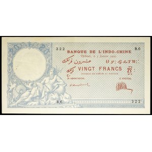 20 francs type bleu et rouge, without decrees - Banque de l'Indo-Chine January 3, 1921.