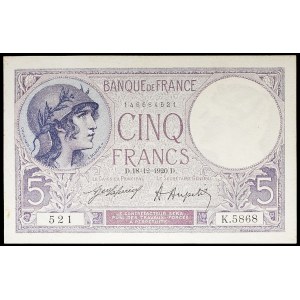 5 francs type femme casquée dit violet 18-12-1920.