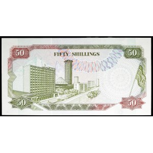 50 szylingów z portretem prezydenta Daniela Toroiticha Arap Moi, z małym numerem 10 października 1990.