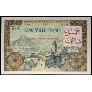 50 dirhamów z nadrukiem na 5000 franków typu vue de Fès 23-7-1953.