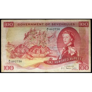 100 rupees with portrait of Queen Elizabeth II January 1, 1968.
