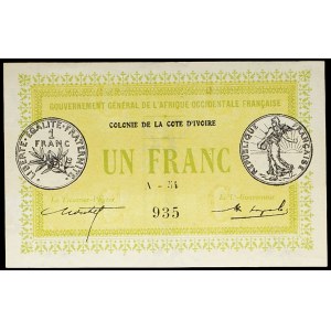 1 frank typu vert et jaune - Colonie de la Côte d'Ivoire, Gouvernement général de l'Afrique Occidentale Française 11. února 1917.